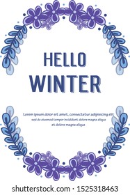 Perfect for greeting card hello winter, with pattern of elegant purple flower frame. Vector