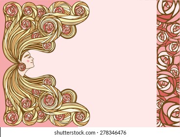 Perfect hair vector illustration. Natural hair cosmetics. Profile of beautiful woman with flowers in long wavy hair. 