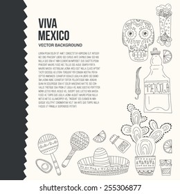 Perfect hand drawn card template with mexican symbols - avocado, cactus, skull, guitar, sombrero, tequila, taco, skull, aztec mask, music instruments. 