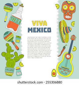 Perfect hand drawn card template with mexican symbols - avocado, cactus, skull, guitar, sombrero, tequila, taco, skull, aztec mask, music instruments.