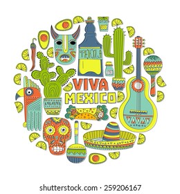 Perfect hand drawn card template with mexican symbols - avocado, cactus, skull, guitar, sombrero, tequila, taco, skull, aztec mask, music instruments. 