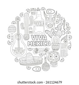 Perfect hand drawn card template with mexican symbols - avocado, cactus, skull, guitar, sombrero, tequila, taco, skull, aztec mask, music instruments.
