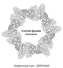 Perfect hand drawn floral wreath. Black and white floral card template. Vector 