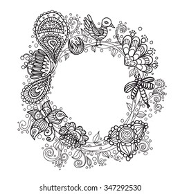 Perfect hand drawn floral wreath. Black and white card template with floral composition. Vector