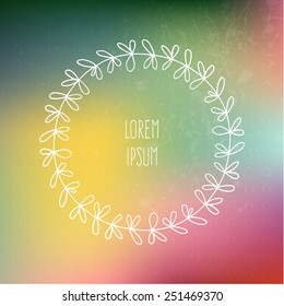 Perfect hand drawn frame on a blured vector background with a place for your text. Circle natural wreath for invitation cards, save the date, wedding card design. 