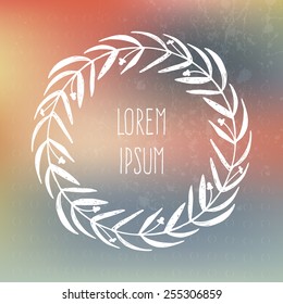 Perfect hand drawn frame on a blured vector background with a place for your text. Circle natural wreath for invitation cards, save the date, wedding card design. 