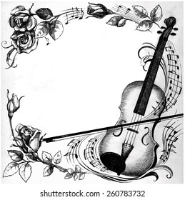 Perfect hand drawn illustration with Violin, roses, notes and free space inside for your possible text