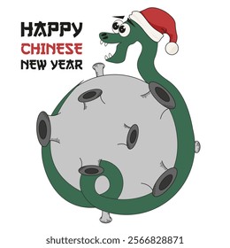 Perfect Happy Chinese New Year greeting poster cover template design. Green Snake in santa hat on the moon. Vector Chinese New Year card postcard with typography. EPS 10