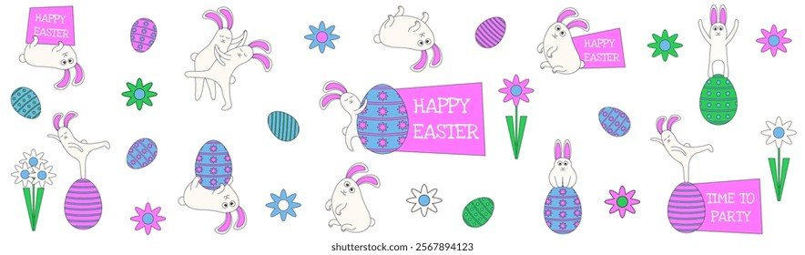 Perfect Happy Easter Sticker set isolated white background. Weird doodle Easter Bunny collection. Easter Egg with Easter Bunny icon pack. Vector illustration for poster card banner cover design. EPS10