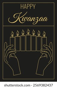 Perfect Happy Kwanzaa poster cover template design with line style candles. Minimal style Kwanzaa festive brochure cover.  Luxury golden Kwanzaa postcard overlay design. Vector illustration. 