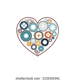 Perfect heart concept. Gears inside a heart in flat design. Vector illustration
