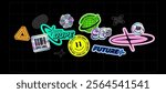 Perfect holographic stickers pack of trendy Y2k style and text quote label collection (part 3). Aesthetic of retro futurism 2000s stickers. Iridescent metallic texture tags. Editable vector