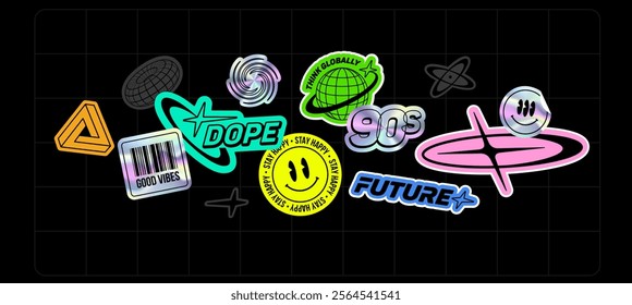 Paquete de pegatinas holográficas perfectas de estilo Y2k de moda y colección de etiqueta de cita de texto (parte 3). Estética de las pegatinas retro futurismo 2000s. Etiquetas de textura metálica iridiscente. Vector editable