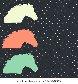 Perfect horses silhouettes on dark grey background with polka dots. design. Beautiful equine card. Cute fully editable illustration drawn in vector by hand. 