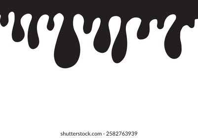 Perfect icon of ink drop, drip oil melting paint liquid dripping stain splash splatter melted sweet dessert black and white. Frame border with flowing black ink
