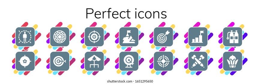 conjunto de iconos perfecto. 14 iconos completos.  Iconos modernos sencillos, como: Objetivo, Placa Dart, Terraza, Objetivo, Dardos, Óxigeno, Bayterek