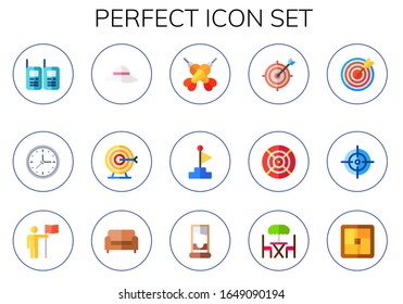 conjunto de iconos perfecto. 15 iconos planos perfectos. Incluye walkie talkies, reloj circular, pamela, gol, dardos, gol, dardo, dardo, objetivo, sofá, guillotina, terraza, iconos tatami