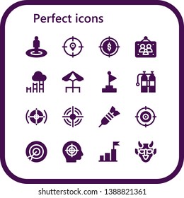 perfect icon set. 16 filled perfect icons.  Simple modern icons about  - Target, Picture frames, Goal, Terrace, Oxigen, Dart, Hannya