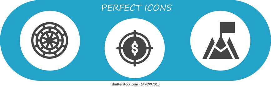 perfect icon set. 3 filled perfect icons.  Collection Of - Dart board, Target, Goal