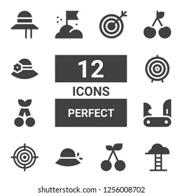 perfect icon set. Collection of 12 filled perfect icons included Goals, Cherry, Pamela, Goal, Jackknife, Dart board, Target