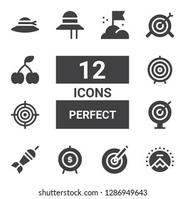 perfect icon set. Collection of 12 filled perfect icons included Paramount, Dartboard, Goal, Dart board, Darts, Pamela, Target, Cherry