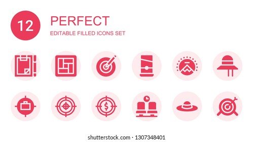 perfect icon set. Collection of 12 filled perfect icons included Forms, Tatami, Dartboard, Guillotine, Paramount, Goal, Target, Waiting room, Pamela