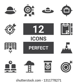 perfect icon set. Collection of 12 filled perfect icons included Target, Darts, Goals, Waiting room, Goal, Forms, Pamela