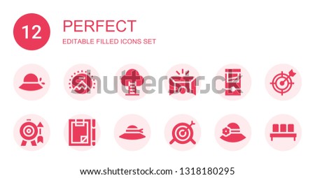 perfect icon set. Collection of 12 filled perfect icons included Pamela, Paramount, Goal, Guillotine, Forms, Target, Waiting room