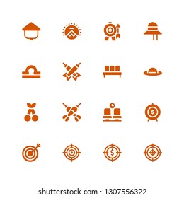 perfect icon set. Collection of 16 filled perfect icons included Target, Goal, Waiting room, Darts, Cherry, Pamela, Libra, Paramount, Kasa
