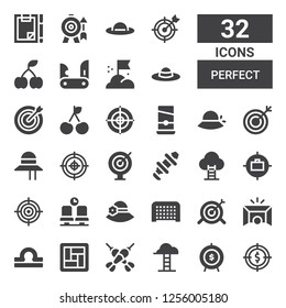 perfect icon set. Collection of 32 filled perfect icons included Target, Goal, Goals, Darts, Tatami, Libra, Pamela, Waiting room, Hub, Guillotine, Dartboard, Cherry, Dart board