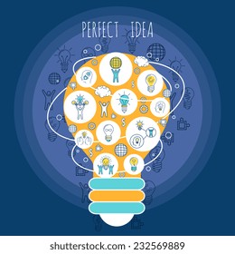 Perfect idea poster with creative innovation thinking symbols in light bulb shape vector illustration