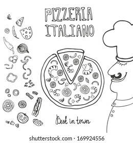 Perfect illustration for pizzeria with italian chief and tasty pizza. Italian pizza ingredients including tomatos, pepper, cheese, bacon, shrimps, onion, mushroom. Pizza menu illustration.