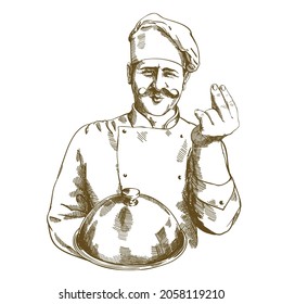 Perfect illustration for restaurant, cafe, menu with French chef and dish.