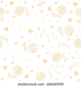 Perfect image in beige colors on white background for wallpaper, web page, textile, greeting cards and wedding invitations. Valentine vector seamless pattern with rose and hearts.