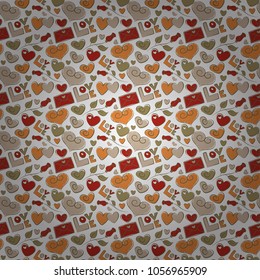 Perfect image in brown, white and beige colors for wallpaper, web page, textile, greeting cards and wedding invitations. Valentine vector seamless pattern with letter, rose flower and hearts.