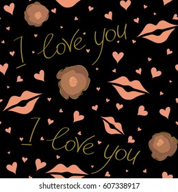 Perfect image in green and orange colors on black background for wallpaper, web page, textile, greeting cards and wedding invitations. Valentine vector seamless pattern with lips, roses and hearts.