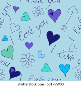 Perfect image in violet and blue colors for wallpaper, web page, textile, greeting cards and wedding invitations. Valentine vector seamless pattern with chamomile flower and hearts.