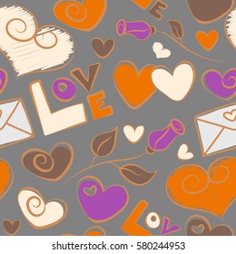 Perfect image in violet, orange and gray colors for wallpaper, web page, textile, greeting cards and wedding invitations. Valentine vector seamless pattern with letter, rose flower and hearts.