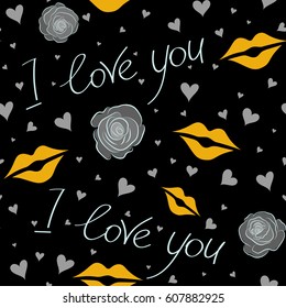 Perfect image in yellow and gray colors on black background for wallpaper, web page, textile, greeting cards and wedding invitations. Valentine vector seamless pattern with letter, rose and hearts.