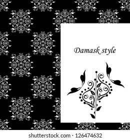 Perfect for invitations and ornate backgrounds. Wedding card or invitation with abstract damask background. Abstract greeting card.