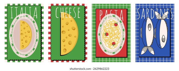 Perfect Italia Amalfi cartaz capa modelo design. Italiano dolce vita tema de ilustração vetorial para comida restaurante fundo cartão impressão com sardinhas limões queijo