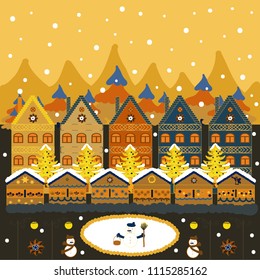 Perfect for kids fabric, nursery wallpaper. Vector design. Nice nature landscape concept. Colorful pattern with house, trees, snowman, mountains and hills. Illustration on yellow, gray and blue colors