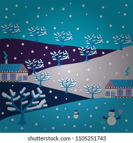 Perfect for kids fabric, textile, nursery wallpaper. Nordic nature landscape concept. Childish pattern with house and trees. Vector. Scandinavian style on violet, blue, white, beige and gray colors.
