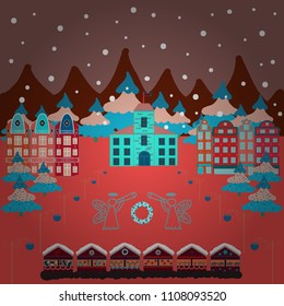 Perfect for kids fabric, textile, nursery wallpaper. Colorful pattern with houses, trees and mountains. Cute nature landscape concept on pink, red and blue colors.
