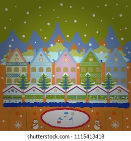 Perfect for kids fabric, textile, nursery wallpaper. Colorful pattern with houses, trees and mountains. Cute nature landscape concept on green, blue and orange colors.