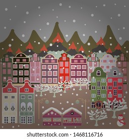 Perfect for kids fabric, textile, nursery wallpaper. Childish pattern with house and trees. Nordic nature landscape concept. Vector. Scandinavian style on neutral, gray and brown colors.