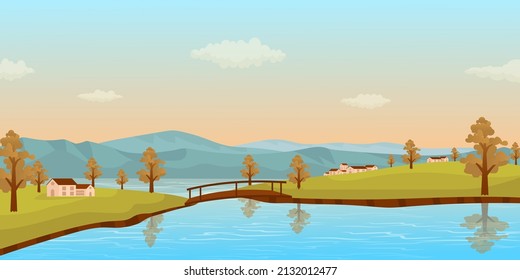Un fondo lacustre perfecto con árboles a lo largo, vector plano 

