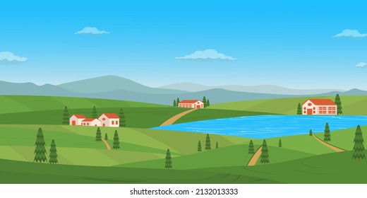 Ein perfekter See-Hintergrund mit Bäumen entlang, flacher Vektorgrafik 

