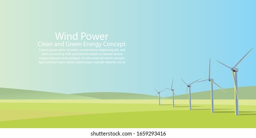 Perfect Landscape Illustration with Wind Turbines at Sunset. Landscape View. Green Power and Energy Concept.