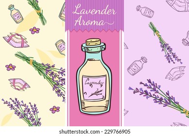 Perfect lavender set. Two seamless patterns,  bottle of aroma oil. Vector